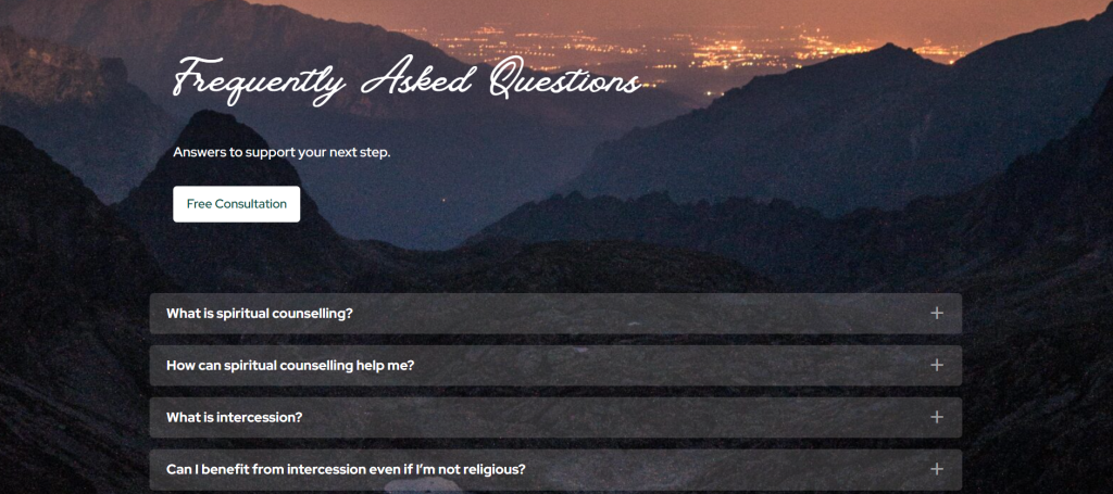 Website screenshot of beautiful FAQ page.